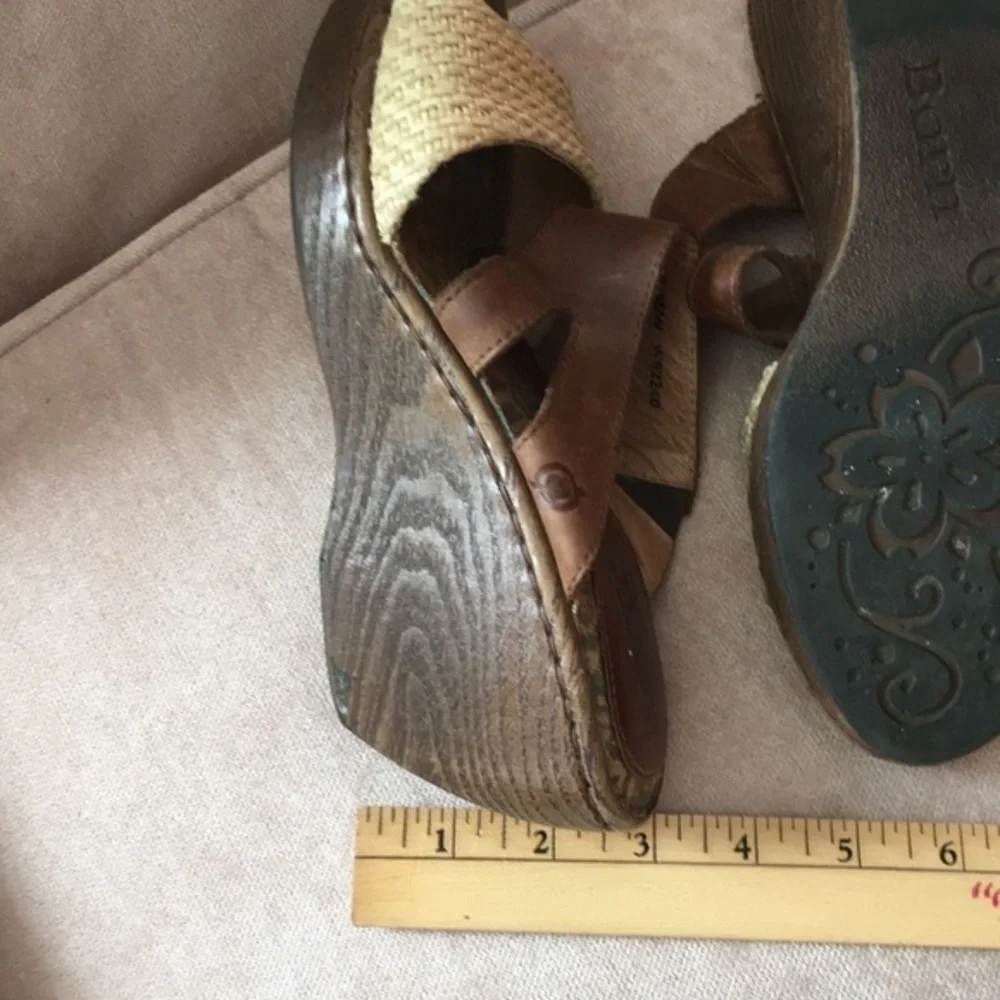BORN Brown Leather Cork Wedge Sandals‎